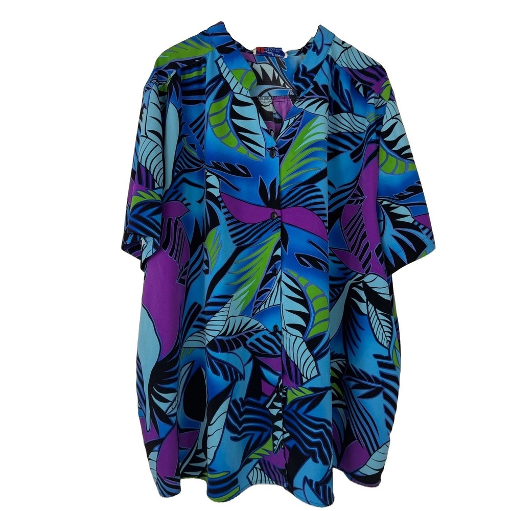 A Personal Touch Tunic Blouse Women 5X Blue Tropical Leaf Button Front SS Vtg